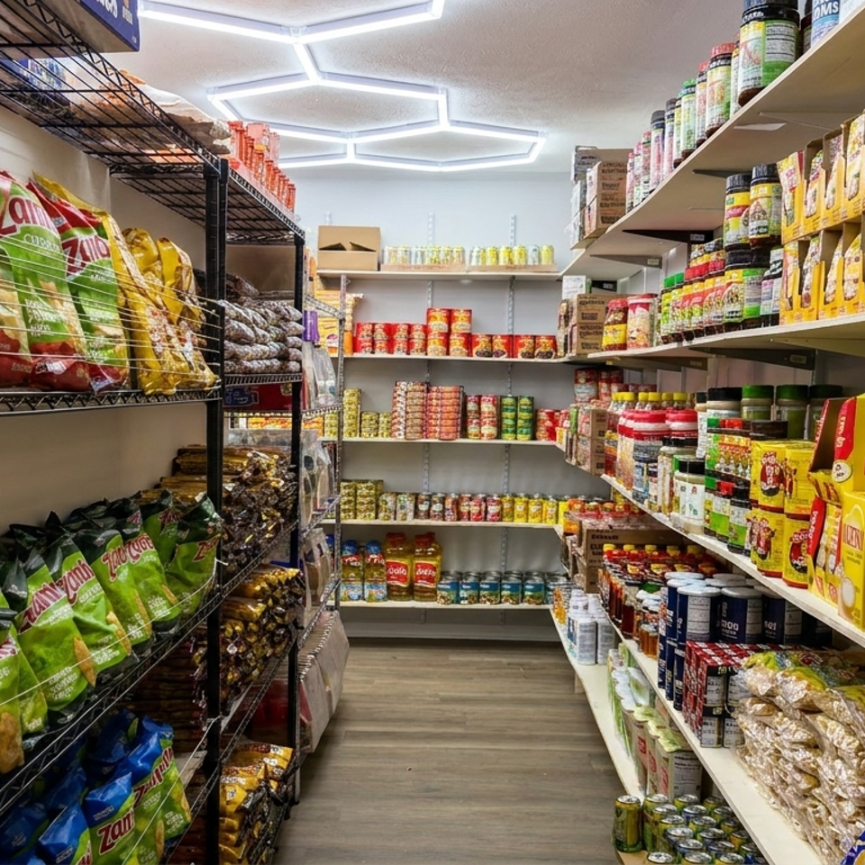 Well-stocked grocery aisle with plantain chips, canned goods, cereals, spices, and packaged foods on shelving.